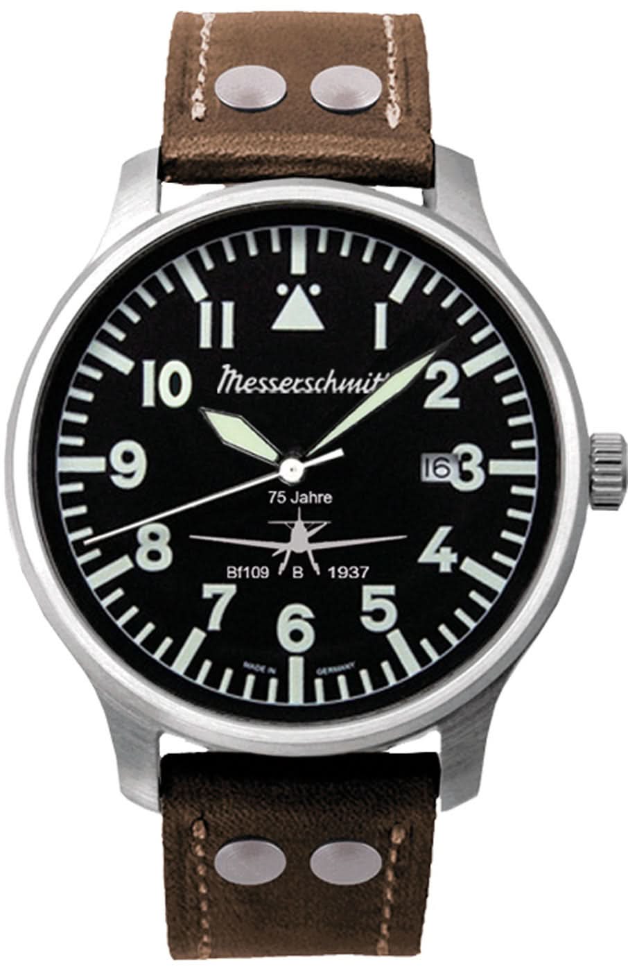 Reloj de pulsera Messerschmitt para hombre con esfera negra, correa de cuero marrón, fecha