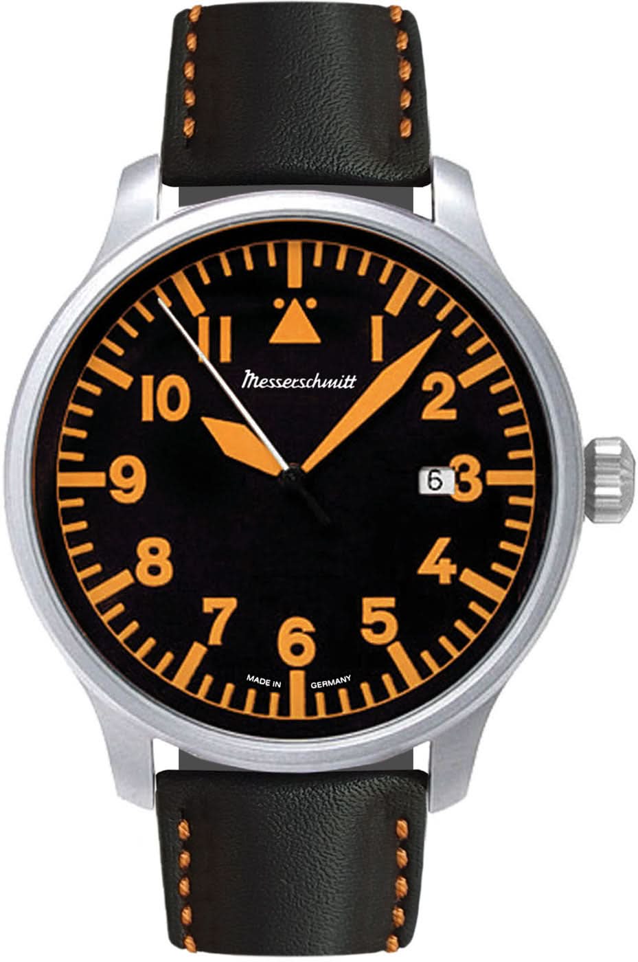 Reloj de aviador para hombre con esfera negra y números naranjas, correa de cuero