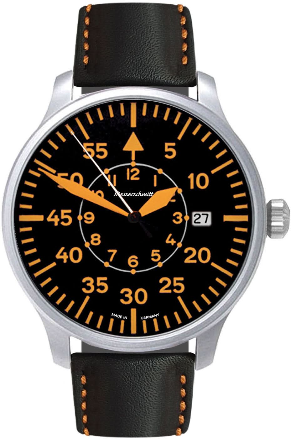 Reloj Messerschmitt para hombre con esfera negra, correa de cuero y caja de metal