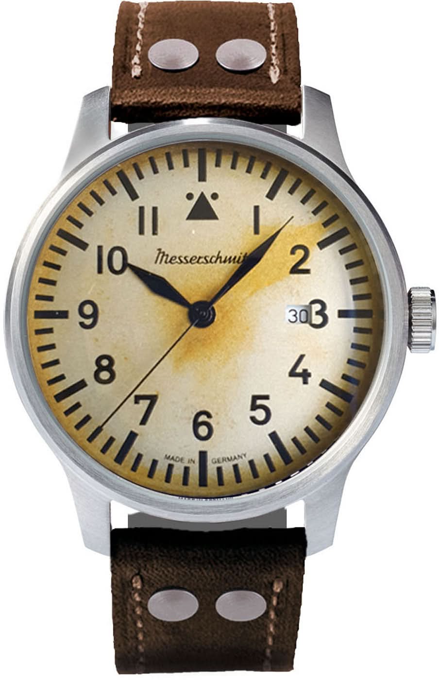 Reloj Messerschmitt para hombre con correa de cuero marrón y esfera amarillenta