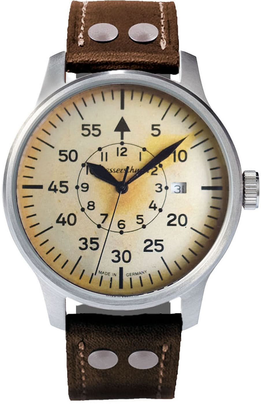 Reloj de hombre con correa de cuero marrón, esfera redonda y caja plateada