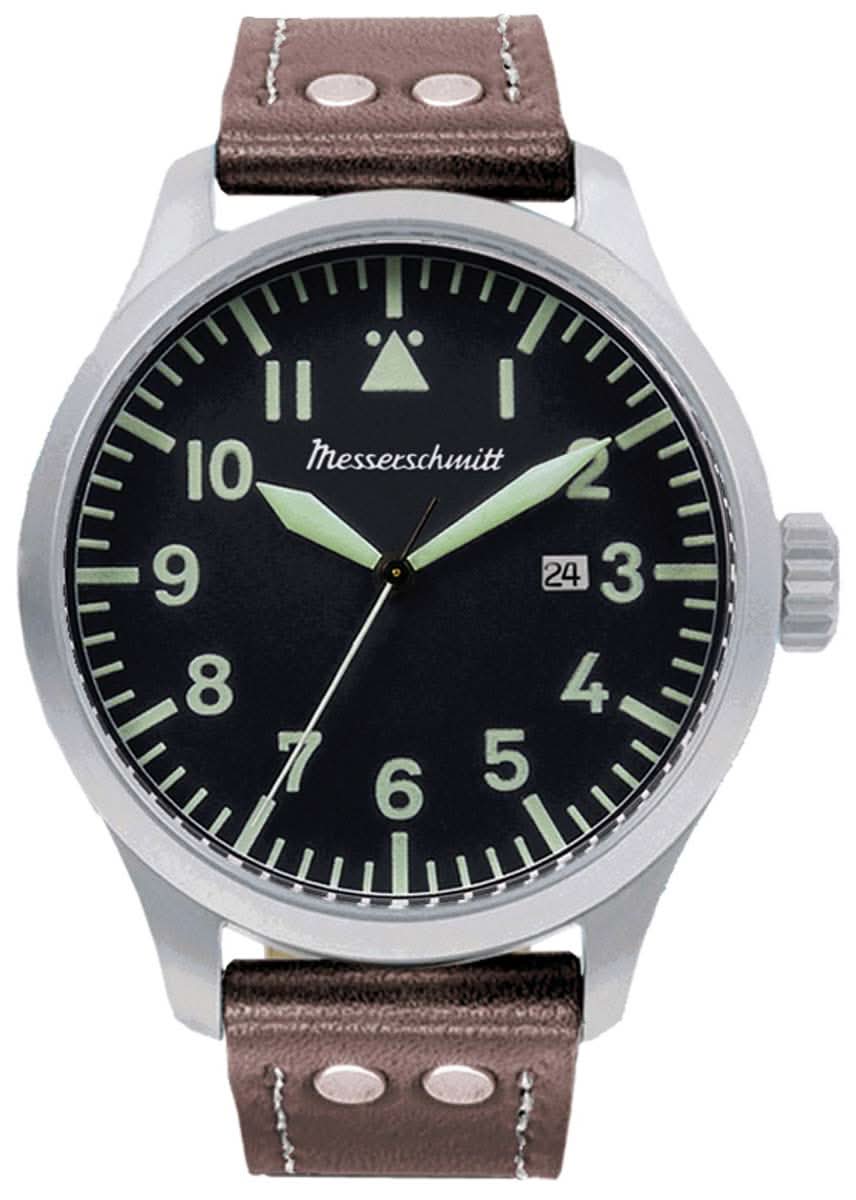 Reloj de hombre: esfera oscura, manecillas luminosas, correa de cuero marrón