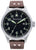 Reloj de hombre: esfera oscura, manecillas luminosas, correa de cuero marrón