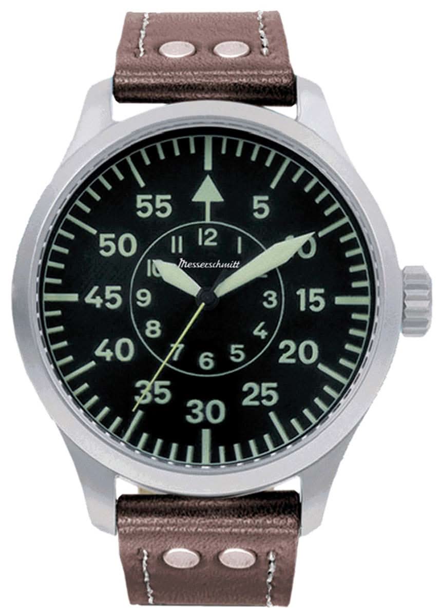 Reloj de piloto para hombre con correa de cuero marrón y esfera negra, manecillas luminosas