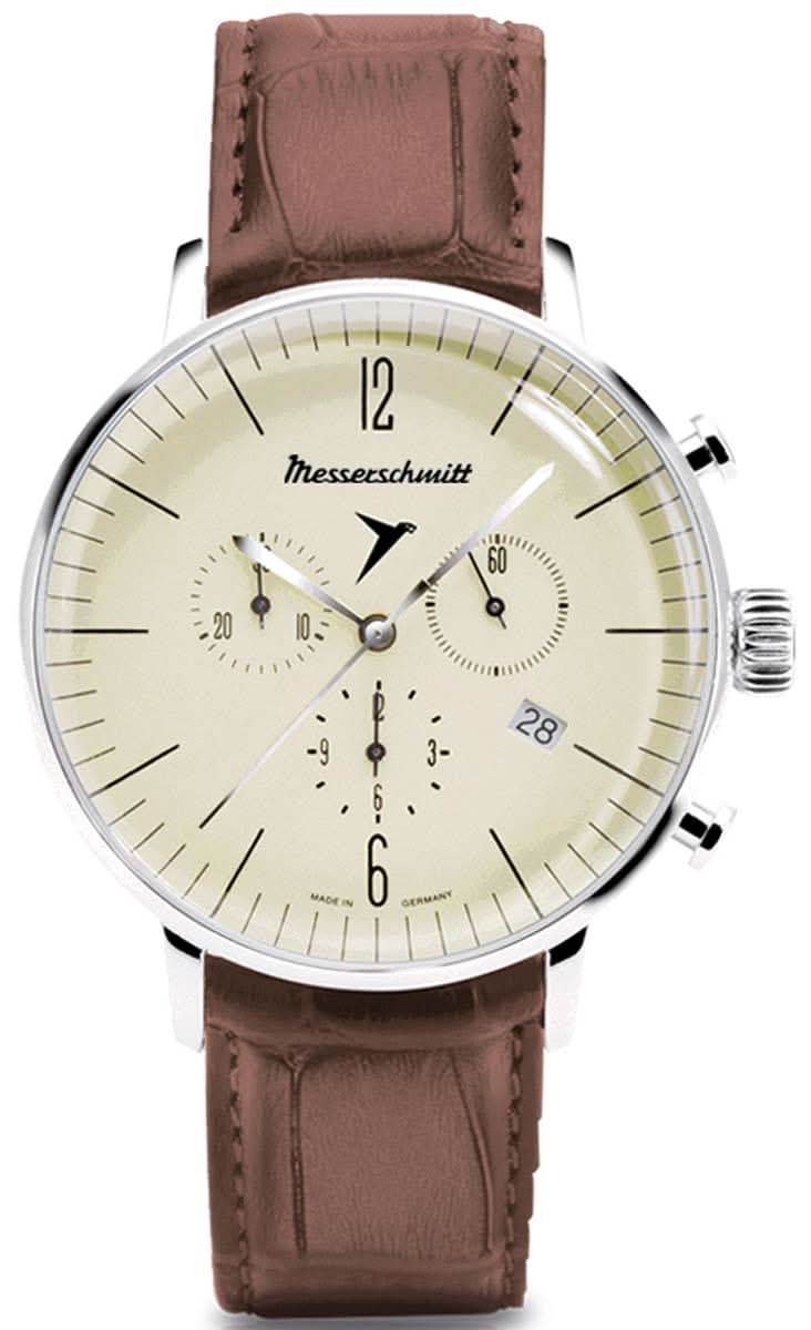 Reloj Messerschmitt para hombre con esfera beige y correa de cuero marrón, caja de metal