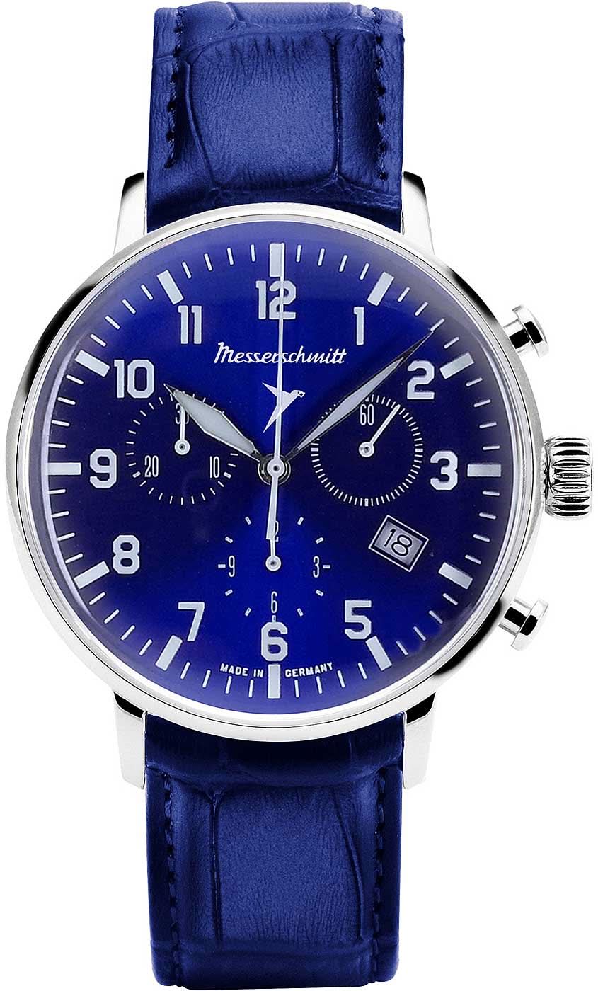Pulsera de hombre Messerschmitt con esfera azul, cronógrafo y correa de cuero azul