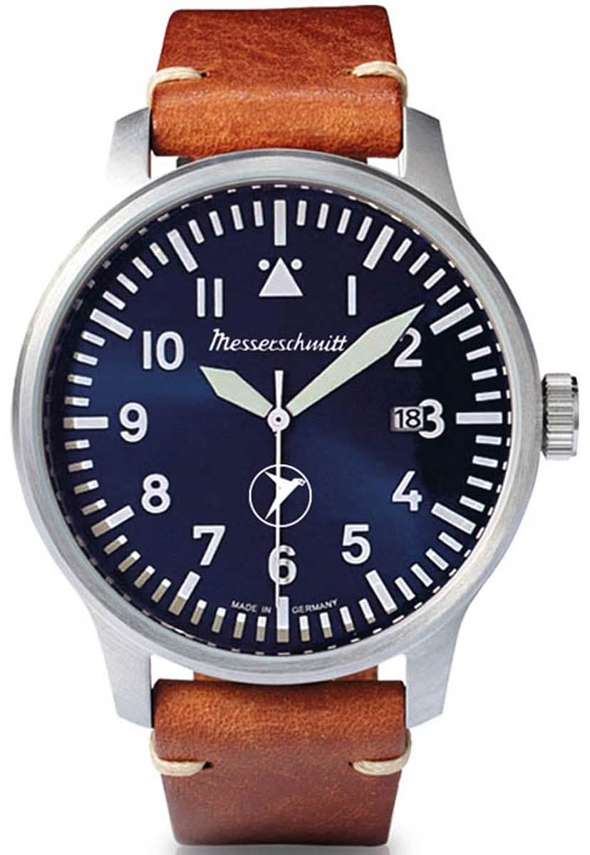 Pulsera de hombre con correa de cuero marrón, esfera azul y caja plateada