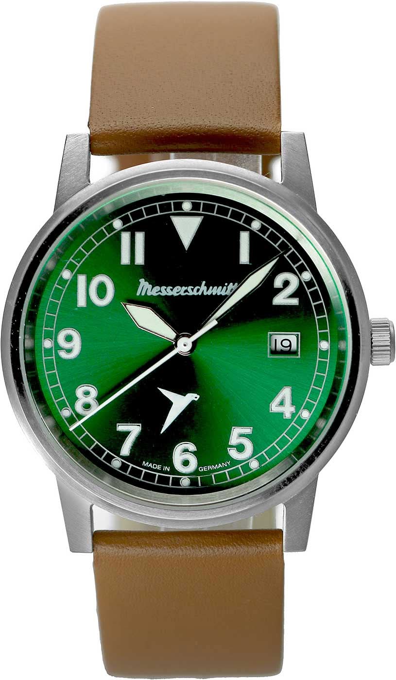 Reloj de hombre con esfera verde, índices de bastón y correa de cuero marrón