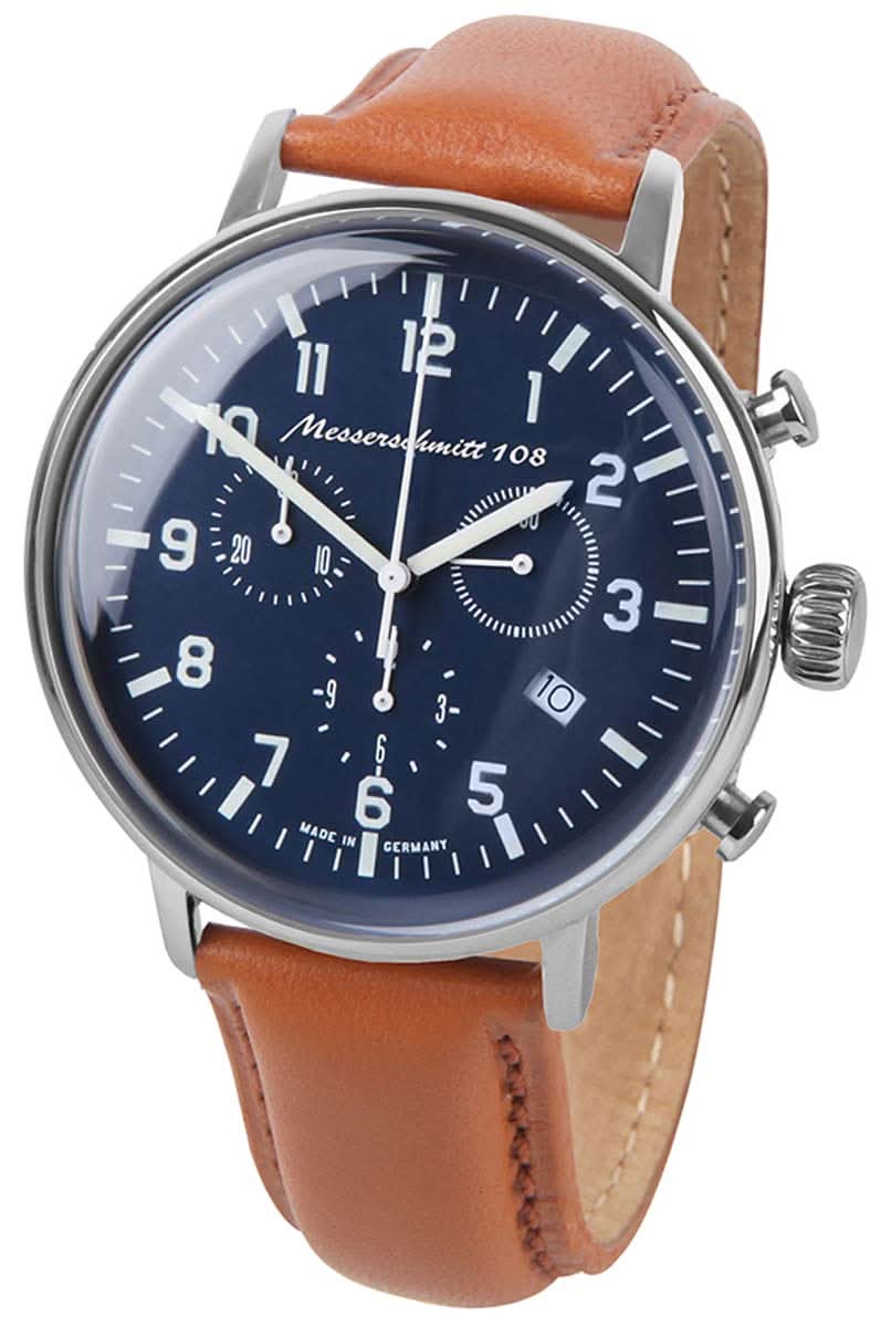 Reloj de hombre con correa de cuero marrón, esfera azul oscuro y manecillas plateadas