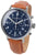 Reloj de hombre con correa de cuero marrón, esfera azul oscuro y manecillas plateadas