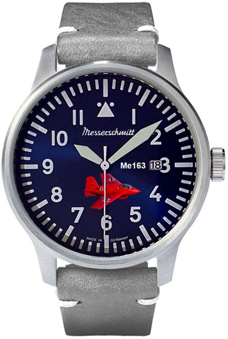 Reloj de hombre con esfera redonda azul, caja plateada y correa de cuero gris, Messerschmitt
