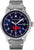 Reloj de hombre con esfera redonda azul, caja plateada y correa de cuero gris, Messerschmitt