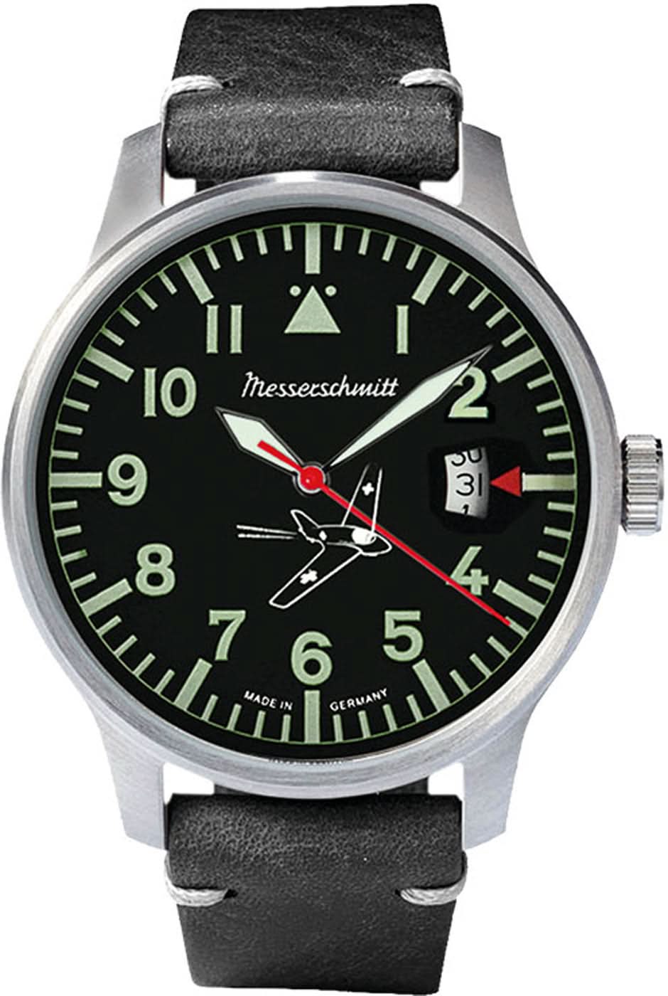 Reloj de hombre con esfera oscura, manecillas rojas y correa de cuero negra