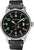 Reloj de hombre con esfera oscura, manecillas rojas y correa de cuero negra