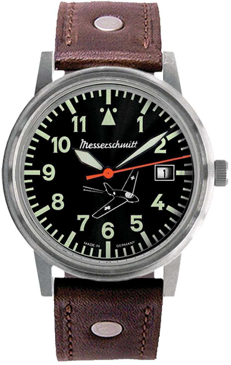 Reloj Messerschmitt para hombre con esfera negra, correa de cuero e índices luminosos estilo aviador