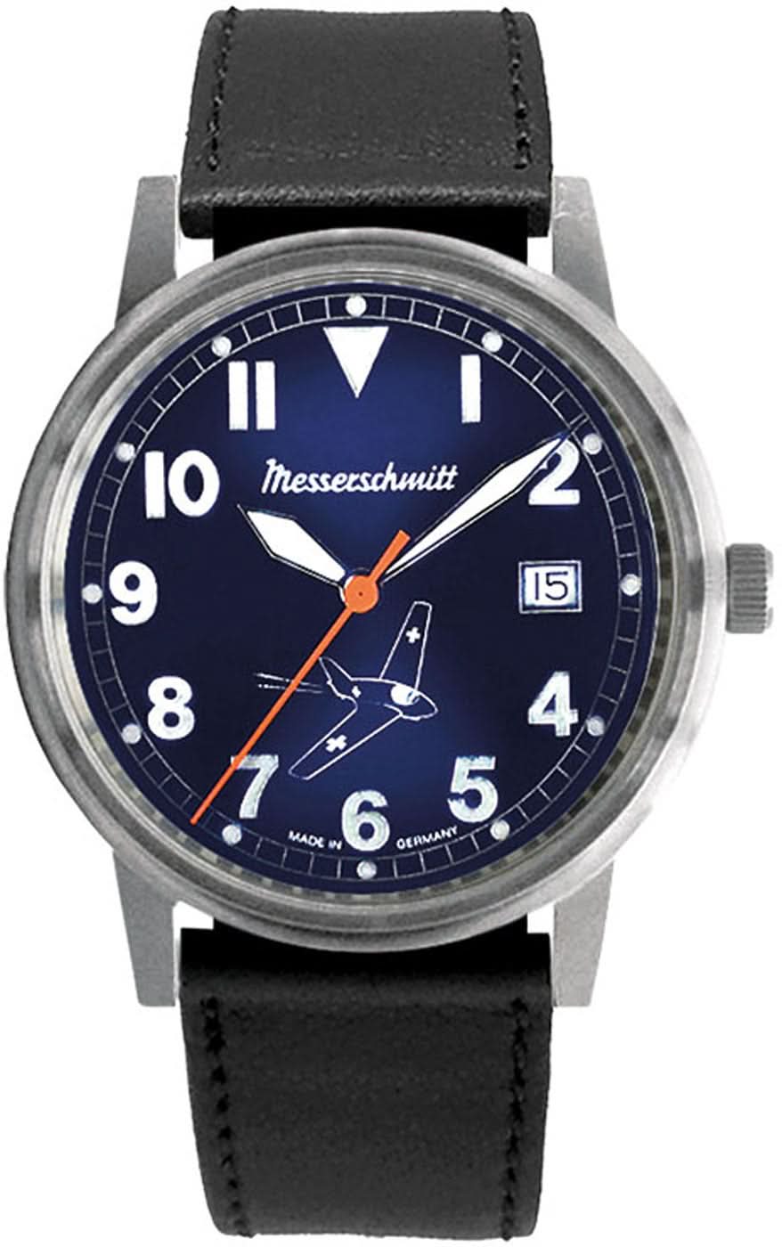 Reloj de hombre con esfera redonda azul, correa de cuero negra y detalles naranjas