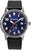 Reloj de hombre con esfera redonda azul, correa de cuero negra y detalles naranjas