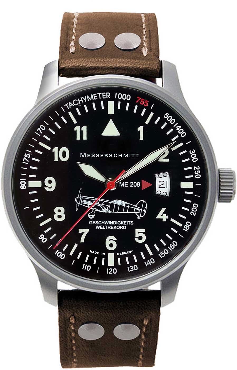 Reloj de hombre con correa de cuero marrón, esfera negra y manecillas rojas
