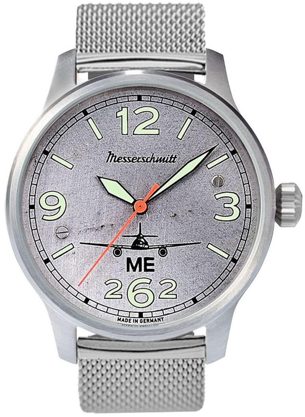 Pulsera para hombre: correa de malla plateada, esfera gris con Messerschmitt y 262