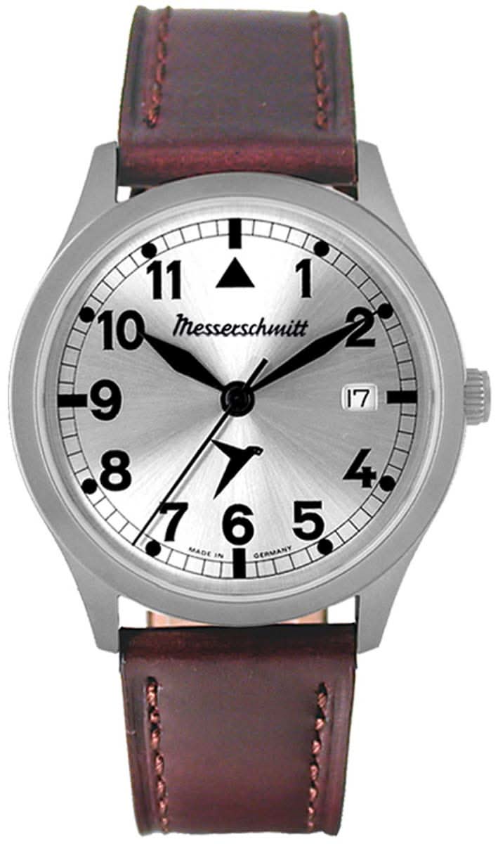 Reloj de hombre con caja plateada, correa de cuero marrón y esfera blanca