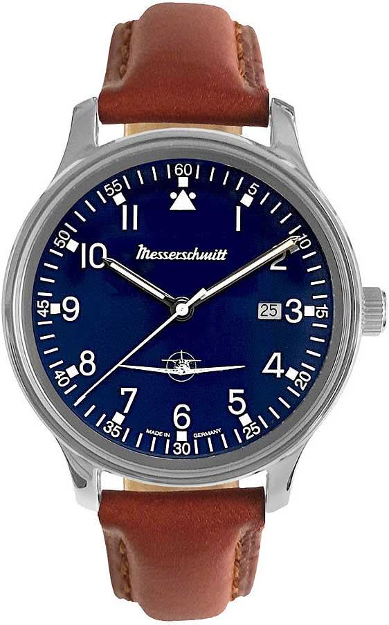 Reloj Messerschmitt con esfera azul, correa de cuero marrón y caja de acero inoxidable
