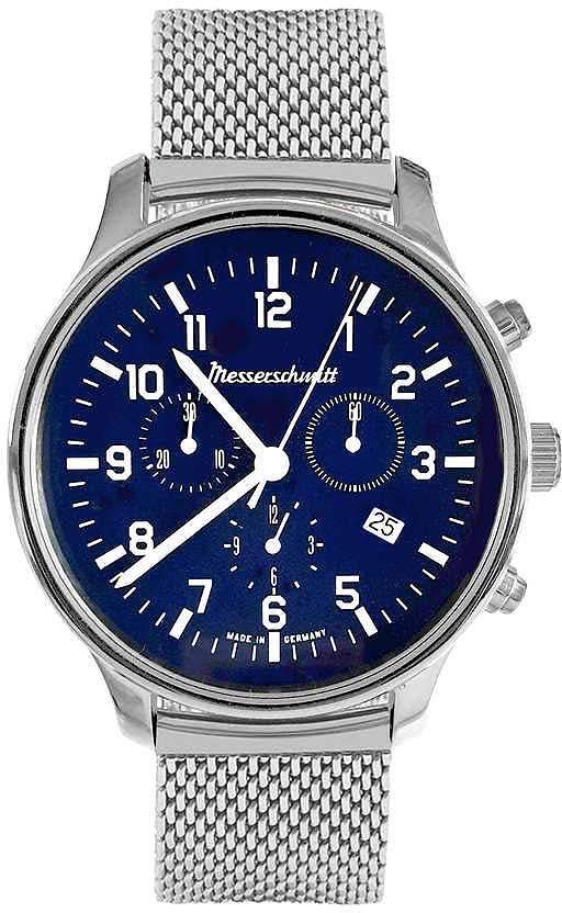 Reloj cronógrafo Messerschmitt para hombre, esfera azul, correa de metal plateado