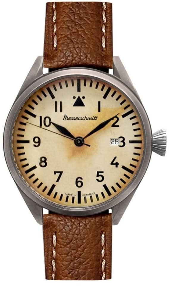Reloj vintage para hombre con esfera beige y correa de cuero marrón, bisel metálico redondo