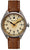 Reloj vintage para hombre con esfera beige y correa de cuero marrón, bisel metálico redondo