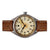 Reloj vintage para hombre con esfera beige, correa de cuero marrón y corona visible