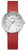 Reloj de mujer con correa de cuero roja y caja plateada, esfera blanca con índices.