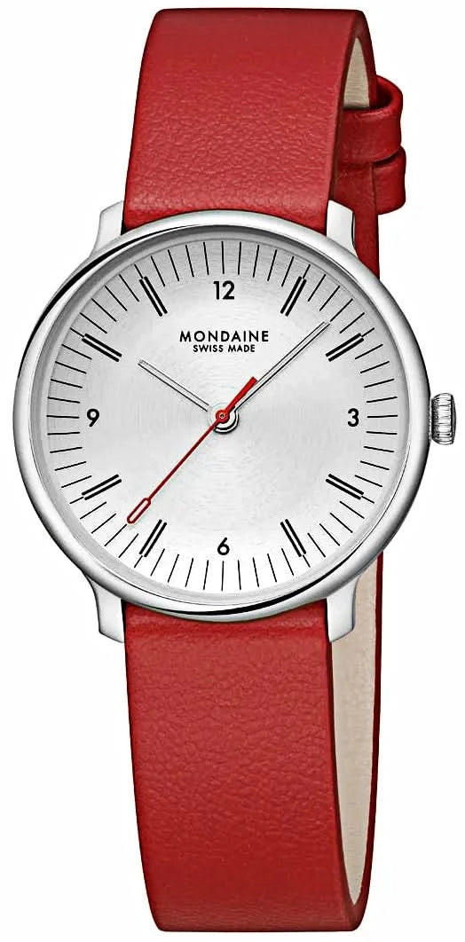 Reloj de mujer con correa de cuero roja, caja plateada y esfera blanca.
