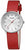 Reloj de mujer con correa de cuero roja, caja plateada y esfera blanca.
