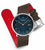 Reloj de hombre con correa marrón y base roja, esfera azul oscuro