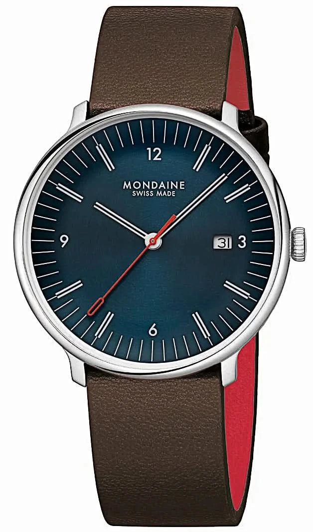 Reloj de hombre con caja redonda de acero, esfera azul oscuro y correa de piel marrón