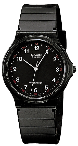 Reloj Casio con correa de metal negra y esfera redonda negra, pantalla analógica