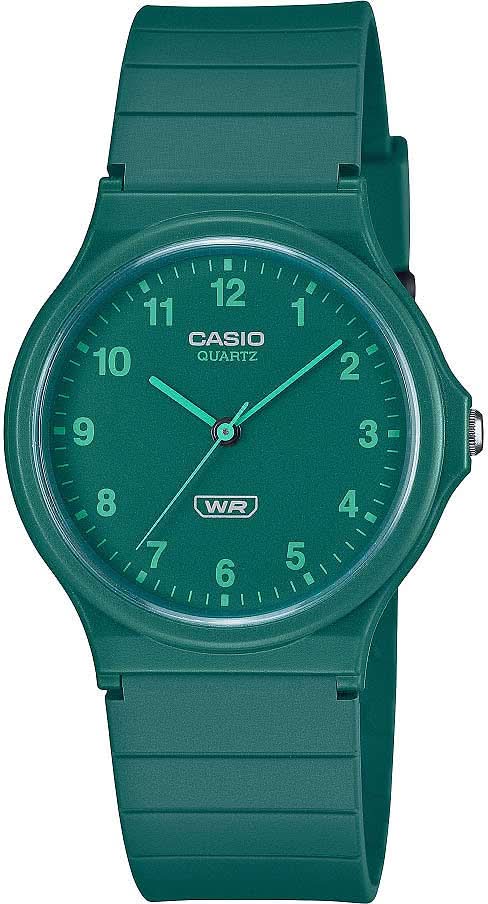 "Reloj de mujer con correa de plástico verde y esfera redonda con inscripción Casio"