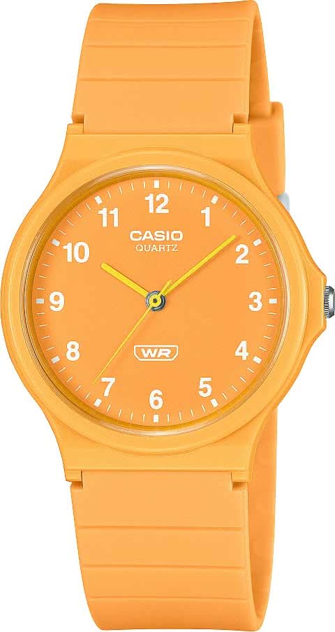 "Reloj de mujer con correa naranja y esfera redonda, visualización analógica de la hora"