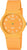 "Reloj de mujer con correa naranja y esfera redonda, visualización analógica de la hora"