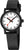 "Reloj de mujer con caja redonda negra, esfera blanca y correa negra"