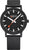 "Reloj Mondaine con esfera negra, manecillas negras y segundero naranja"