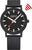 Reloj Mondaine con esfera negra, correa negra y segundero naranja