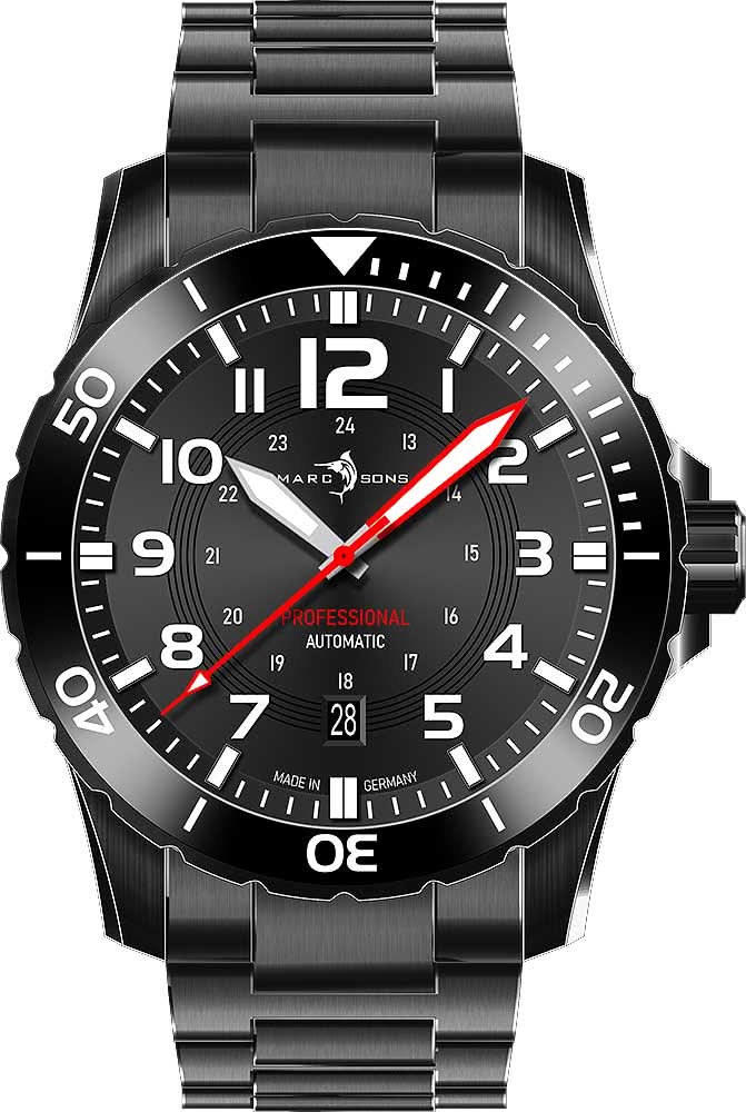 Reloj de buceo con esfera negra, segundero rojo y correa de acero inoxidable