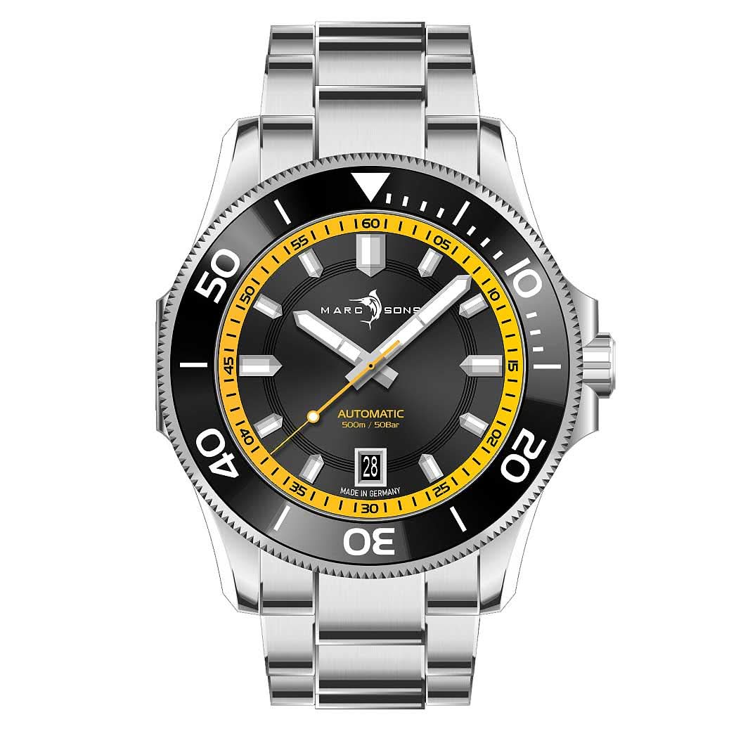 Reloj de hombre con esfera negra, bisel marcado en amarillo y correa de acero inoxidable