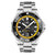 Reloj de hombre con esfera negra, bisel marcado en amarillo y correa de acero inoxidable