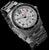 Reloj de hombre en ángulo: esfera blanca, bisel negro, brazalete de eslabones metálicos