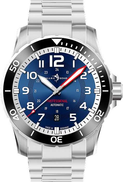 Reloj de buceo para hombre de acero inoxidable con esfera negra, marcadores azules e índices rojos