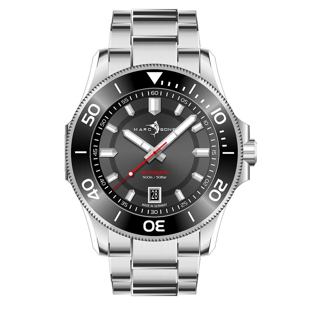 Reloj de hombre con esfera negra, bisel plateado y correa de acero inoxidable