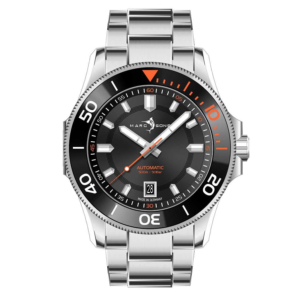 Reloj de buceo para hombre: esfera negra, correa de acero inoxidable, detalles en naranja.