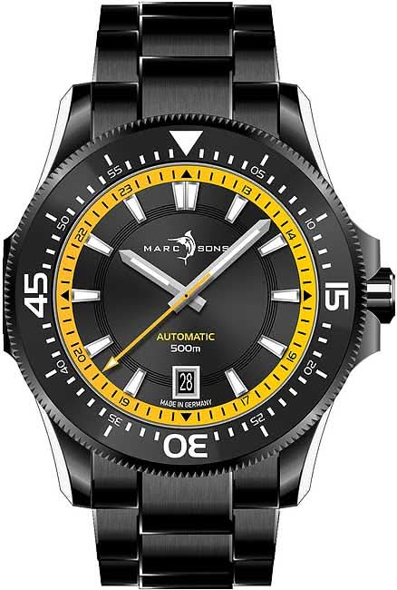 Reloj militar de buceo para hombre con esfera negra, detalles amarillos y correa de metal