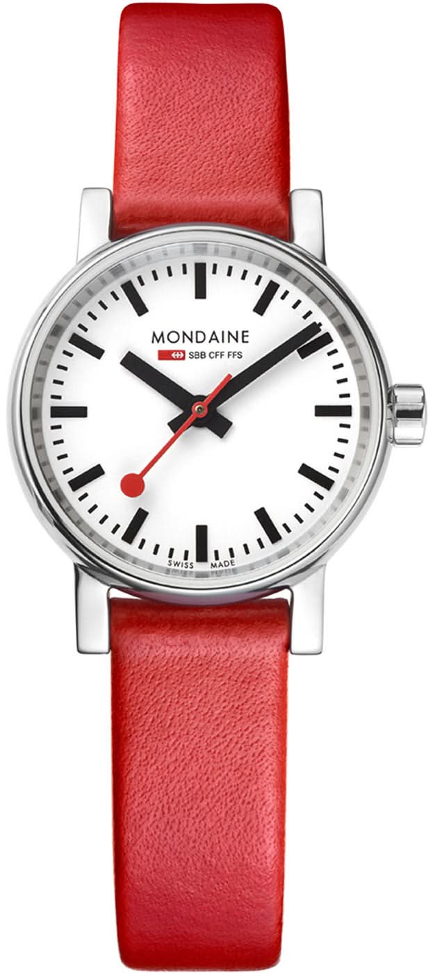 "Reloj de mujer con correa de cuero roja, esfera blanca y marcadores de hora negros"